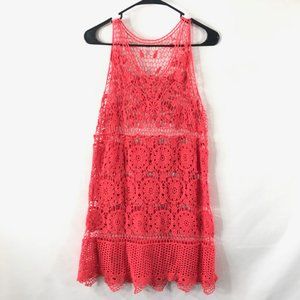 4/$15 Crochet Coral Long Tunic Tank Womens Medium Boho Cottage